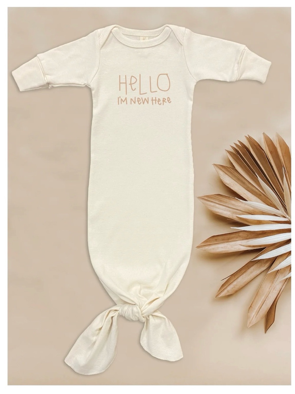 Hello Im New Here Organic Cotton Newborn Tie Gown in Cream: 0-3m